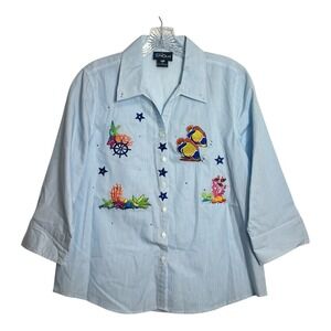 Las Olas Women's Striped Nautical Fish Coral Embroidered Button Up Shirt Size S